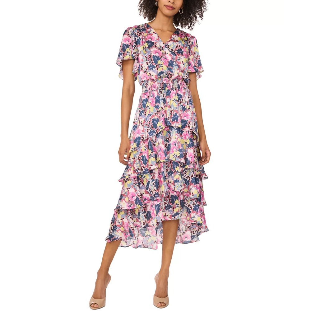 Vince Camuto Crossover Flutter Sleeve Tiered Midi Dress MULTI Size 2X A011412